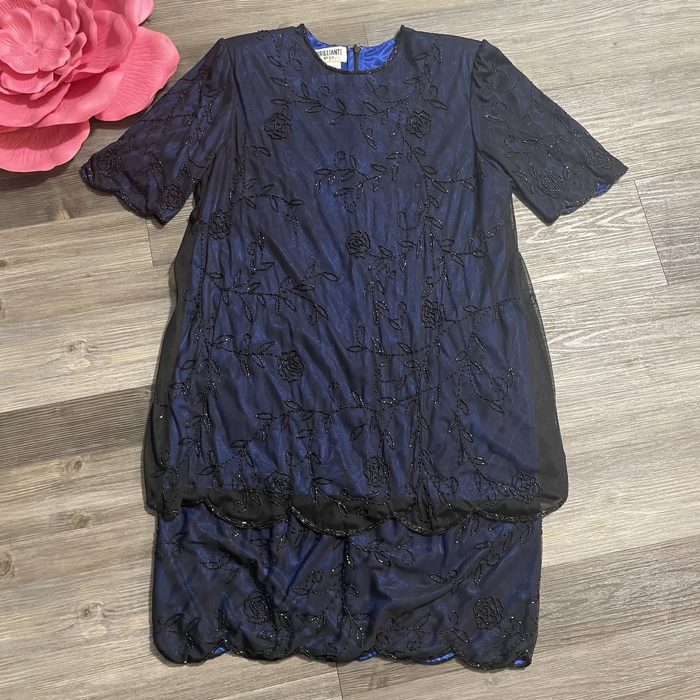 Vintage BRILLIANTE BY J.A. Sz XL Navy Beaded Sequined Dress Layer Illusion‎ Glam